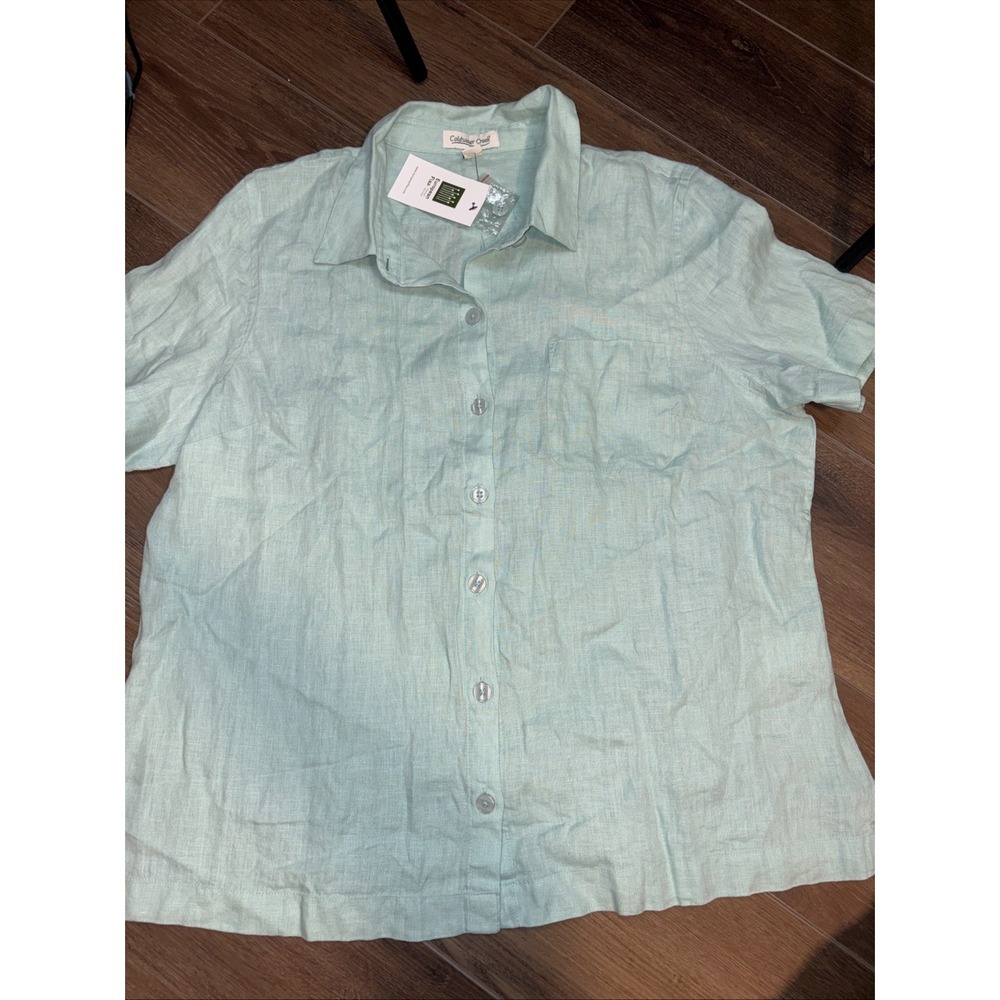 COLDWATER CREEK WOMENS SHIRT L NWT 100% LINEN FLAX‎ BUTTON DOWN Green